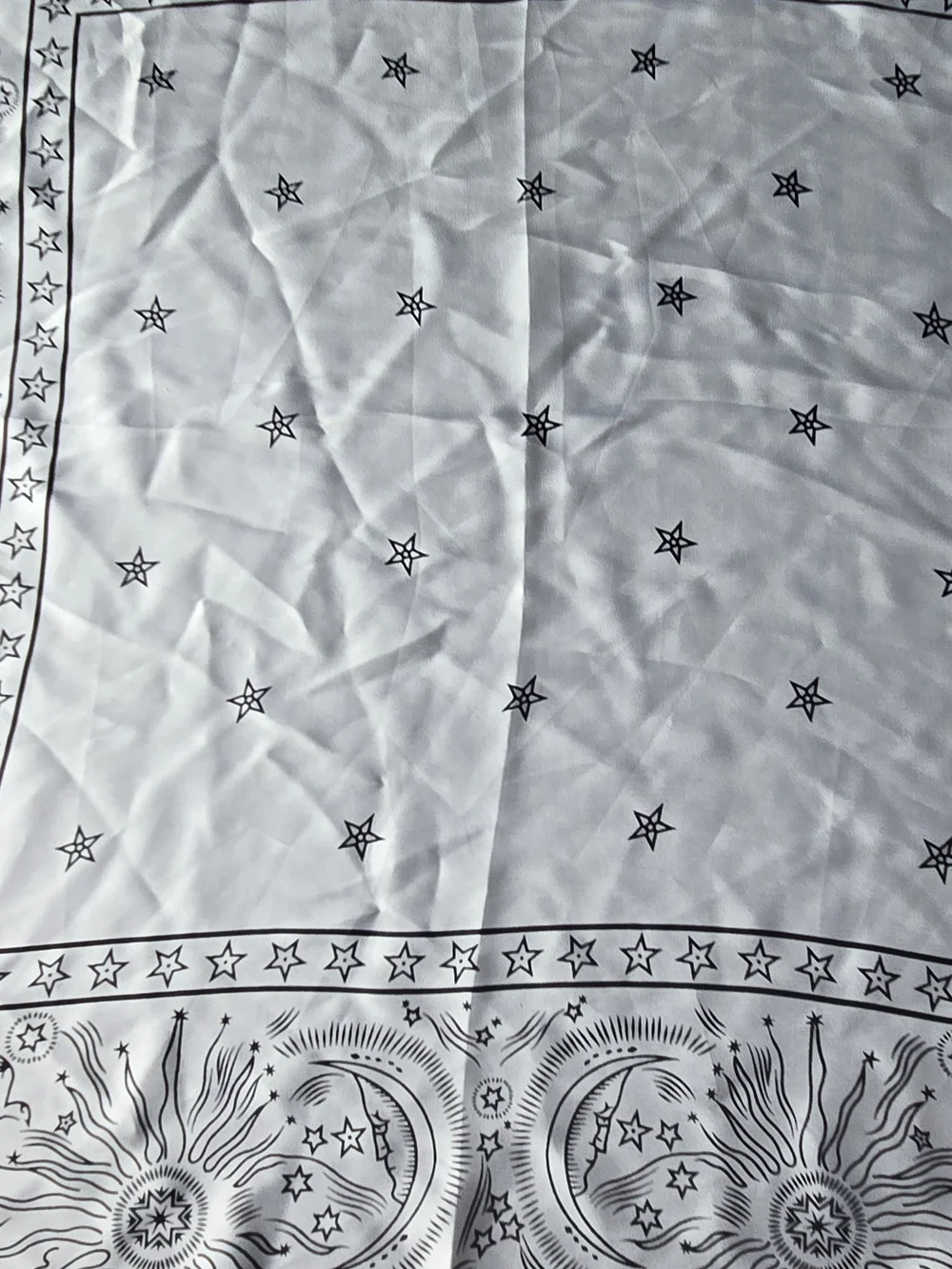 Whimsigoth Celestial Sun Moon Stars Bandana Scarf White Black Silky 27
